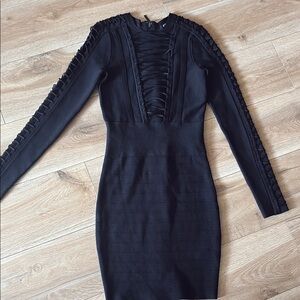 Black V-Neck Ruffled Long Sleeve Dress